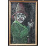 Clown interest. A Chalk and pastel framed picture of a clown in a green jacket and conical red