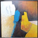 Contemporary oil on canvas. Abstract composition in brown, blue and yellow. Unsigned. Unframed.