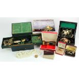 Selection of mixed jewellery in a wooden box includes gold eaxmples, viewing recommended