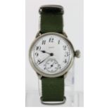 Gents nickel cased wristwatch by Elgin, circa 1928. The white dial with arabic numerals and