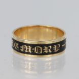 9ct yellow gold mourning band ring with black enamel and gold lettering saying "In Memory Of",