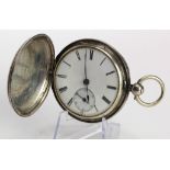 Gents silver cased full hunter pocket watch, hallmarked London 1855 . The white dial with black