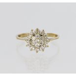 9ct yellow gold three tier cluster ring set with nineteen round cz, finger size O, weight 1.8g