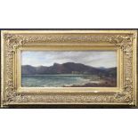 Oil on canvas. 19th century landscape painting depiciting a coastal inlet with a sailing boat in the