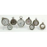 Pocket watches. A collection of eight silver and white metal pocket watches