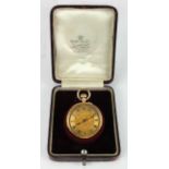 Ladies 14ct cased fob watch, the gilt dial with black roman numerals and foliage decoration. Working
