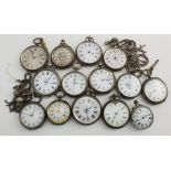 fourteen silver cased fob watches mixed sizes, some working