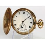 Gents 9ct cased full hunter pocket watch, hallmarked Birmingham 1932. The white dial with black
