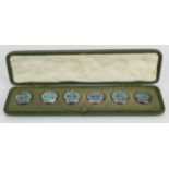 Liberty and Co. Set of six enamelled silver buttons, hallmarked Birmingham 1903, in original