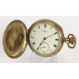 Gents gold plated full hunter pocket watch by Waltham (circa 1909) . The white dial with black roman