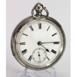 Gents silver cased open face pocket watch, hallmarked Birmingham 1889 . The white dial with black