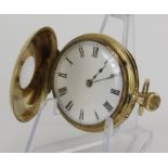 18ct gold cased ladies half hunter pocket watch. Approx 36mm dia, total weight 38.3g. watch