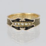 9ct yellow gold mourning ring with a front panel of black enamel set with five seed pearls, the rest