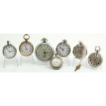 Pocket watches. A collection of seven mostly silver and white metal pocket watches