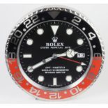 Advertising Wall Clock. Black, red & chrome 'Rolex' advertising wall clock, black dial reads '