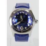 Gents stainless steel cased Corum "Bubble" watch with blue dial and blue strap. Working when