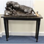 Very heavy and large Bronze panther eating a rabbit. Set on a marble and wood stand. Buyer must