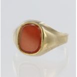 9ct yellow gold signet ring set with cushion shaped cornelian, finger size P, weight 3.0g