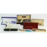 Pens. A collection of twelve fountain pens, ballpoint pens etc., including a silver Yard O Led,