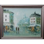 Collection of three oil on canvas paintings depiciting Parisian/European street scenes. All in the