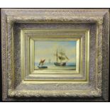 Oil on panel depicting fishing vessels anchored in calm waters. Artist unknown. Measures approx 13cm