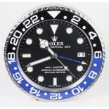 Advertising Wall Clock. Blue, black & chrome 'Rolex' advertising wall clock, black dial reads 'Rolex