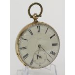 Gents 14ct cased open face pocket watch. The white dial with black roman numerals and subsidiary
