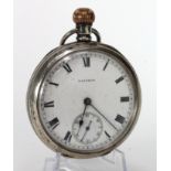 Gents silver cased open face pocket watch by Waltham, hallmarked Birmingham 1907 . The white dial