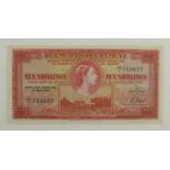 Bermuda 10 Shillings dated 1st May 1957, portrait Queen Elizabeth II at centre, serial H/1 719657 (