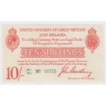 Bradbury 10 Shillings issued 21st January 1915, 5 digit serial number H1/80 93723 (T12.2,