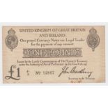 Bradbury 1 Pound issued 23rd October 1914, serial J1/5 93867 (T11.2, Pick349a) toned paper with