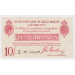 Bradbury 10 Shillings issued 21st January 1915, serial P/42 054819 (T13.1, Pick348a) paper rippled