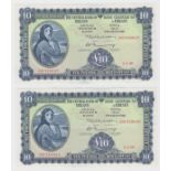 Ireland Republic 10 Pounds (2), dated 5th May 1969, Lady Lavery portrait at left, a consecutively