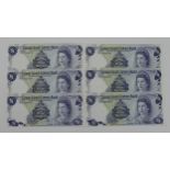 Cayman Islands 1 Dollar (6) dated Law 1971, a consecutively numbered run of 6 notes, FIRST RUN