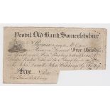 Yeovil Old Bank, Somersetshire 5 Pounds dated 6th April 1818, serial M189 for John Daniell, John