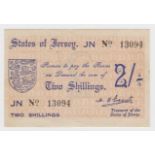 Jersey 2 Shillings issued 1941 - 1942, German Occupation issue during WW2, serial No. 13094 (BYB