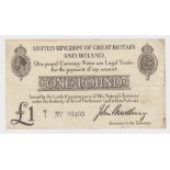 Bradbury 1 Pound issued 23rd October 1914, nice Number 1 prefix, serial V/1 95405 (T11, Pick349a)