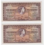 Bermuda 5 Shillings (2) dated 1st May 1957, portrait Queen Elizabeth II at top centre, a