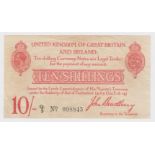 Bradbury 10 Shillings issued 1915, 6 digit serial number Q1/9 098845 (T13.2, Pick348a) crisp