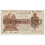 Warren Fisher 1 Pound issued 1923, 'Z1' prefix control note, No. with dot, serial Z1/92 460825 (T31,