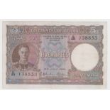 Ceylon 5 Rupees dated 12th July 1944, King George VI portrait, serial G/28 138853 (TBB B228d,