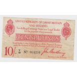 Bradbury 10 Shillings issued 21st January 1915, serial Y/58 034290 (T13.1, Pick348a) staple holes at