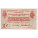 Bradbury 10 Shillings issued 1915, 5 digit serial number F1/6 55850 (T12.2, Pick348a) toned, Fine