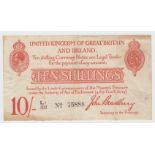 Bradbury 10 Shillings issued 1915, 5 digit serial number L1/22 75888 (T12.2, Pick348a) small edge