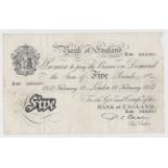 Beale 5 Pounds dated 18th February 1952, last year of issue for this signature, serial X06 022201 (