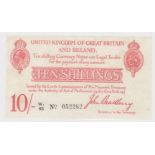 Bradbury 10 Shillings issued 21st Jaunary 1915, 6 digit serial number W1/65 052282 (T13.2, Pick348a)