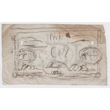 Paper ephemera, hand drawn sketch for bank note design dated 1834, with large printed 'TEN' on