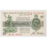 Bradbury 10 Shillings issued 16th December 1918, red serial B/88 467431, No. with dash (T20,