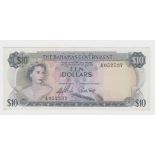 Bahamas 10 Dollars dated 1965, Queen Elizabeth II portrait at left, serial A052537 (TBB B121a,