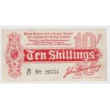 Bradbury 10 Shillings issued 1914, Royal Cypher watermark, serial B/37 29734, No. with dot (T10,